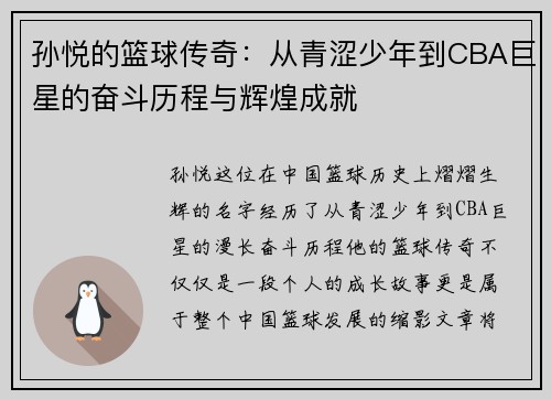 孙悦的篮球传奇：从青涩少年到CBA巨星的奋斗历程与辉煌成就